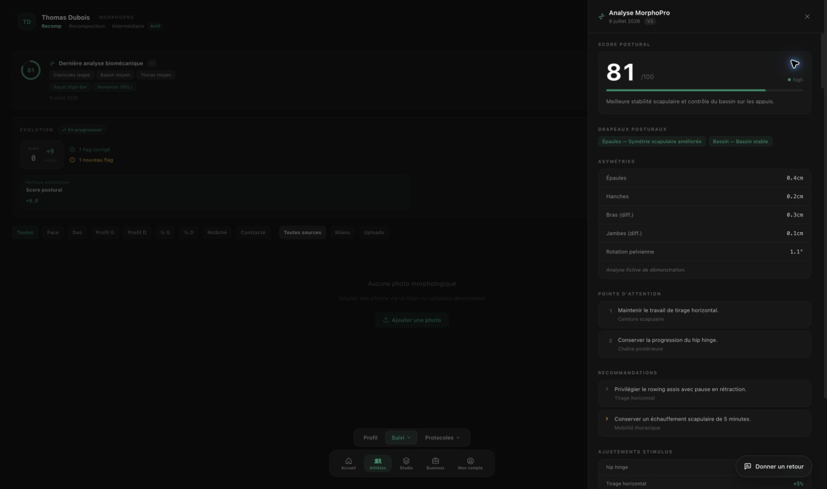 Analyse Morpho Pro STRYV lab avec score et lecture biomécanique
