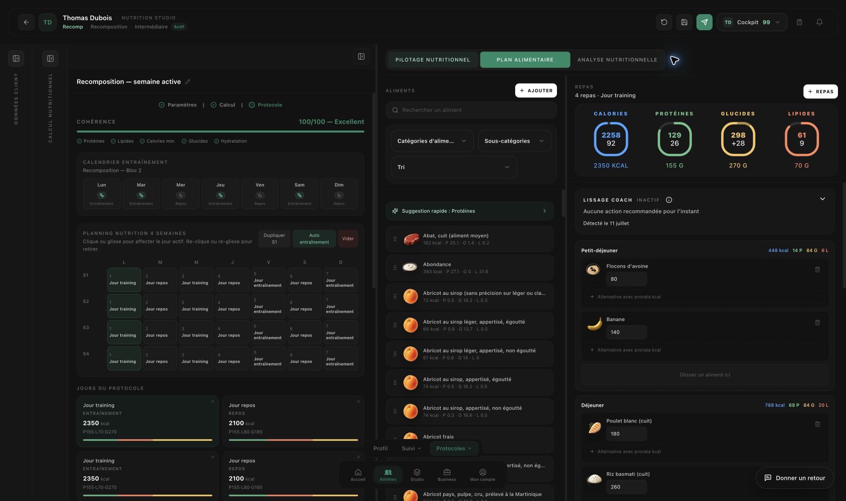 Nutrition Studio STRYV lab avec planning alimentaire, repas et macros
