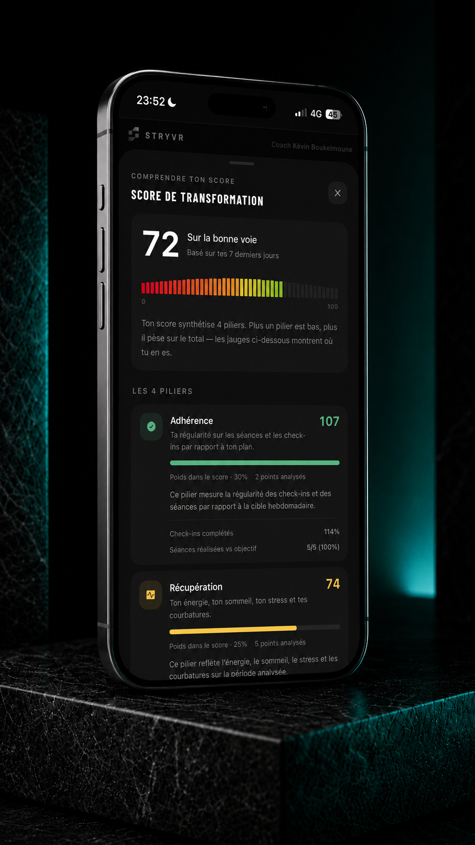 Aperçu STRYVR du score de transformation et de ses piliers d’adhérence et de récupération