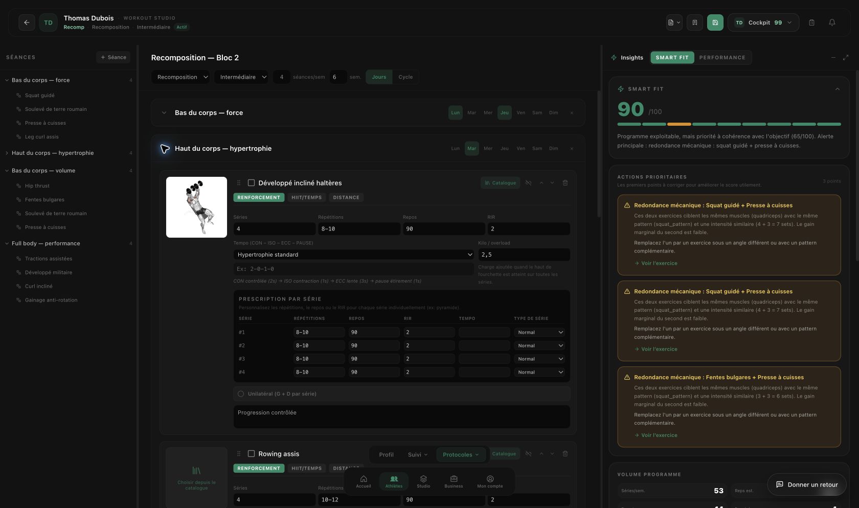 Workout Studio STRYV lab avec programme, volume et recommandations Smart Fit
